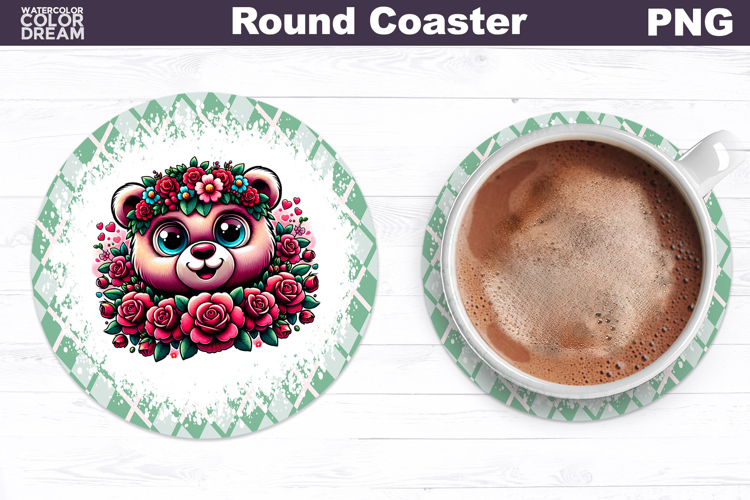 Bear Floral Round Coaster | Cute Animal Flowers Coaster