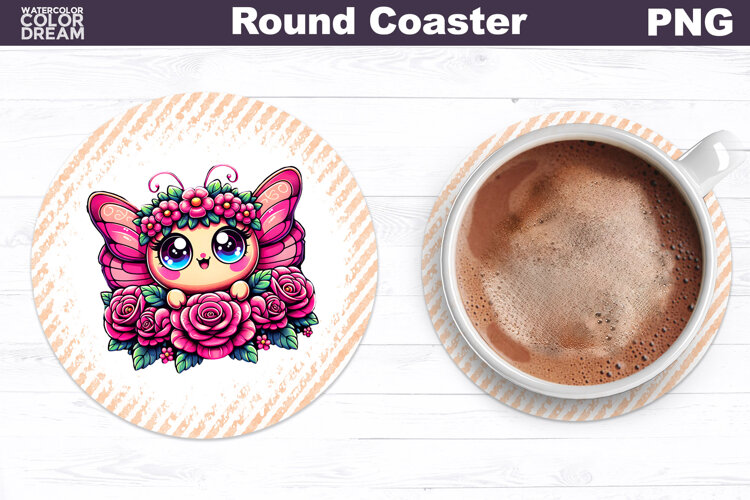 Butterfly Floral Round Coaster | Cute Animal Flowers Coaster example image 1