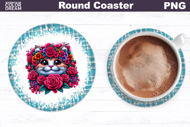 Cat Floral Round Coaster | Cute Animal Flowers Coaster example image 1