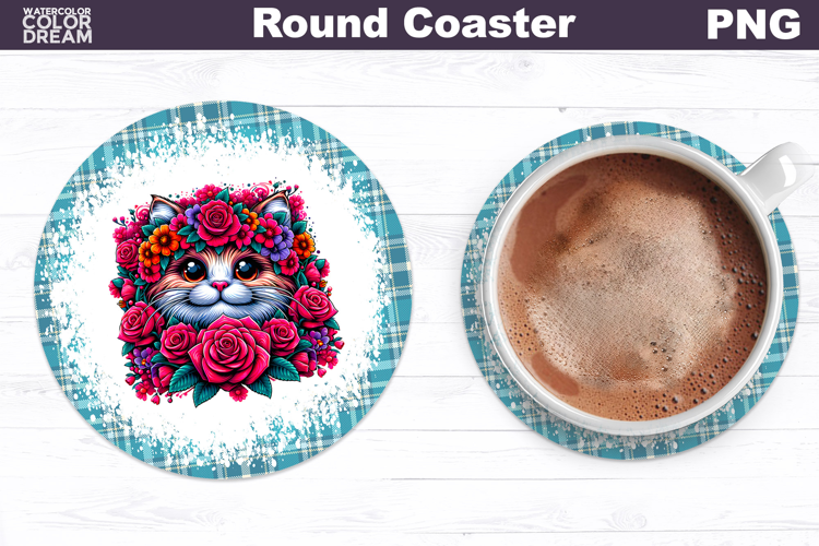 Cat Floral Round Coaster | Cute Animal Flowers Coaster