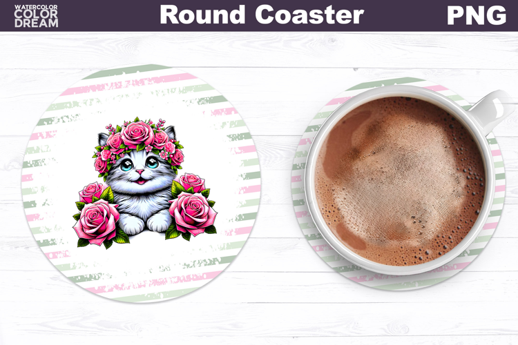 Cat Floral Round Coaster | Cute Animal Flowers Coaster