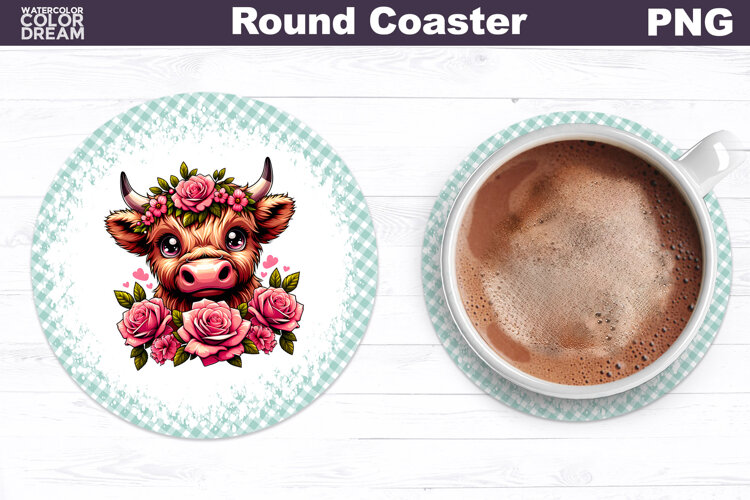 Highland Cow Floral Round Coaster | Cute Animal Flowers Coas example image 1
