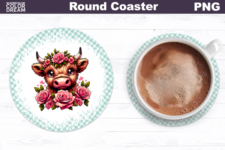 Highland Cow Floral Round Coaster | Cute Animal Flowers Coas