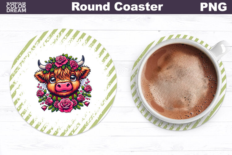 Highland Cow Floral Round Coaster | Cute Animal Flowers Coas example image 1
