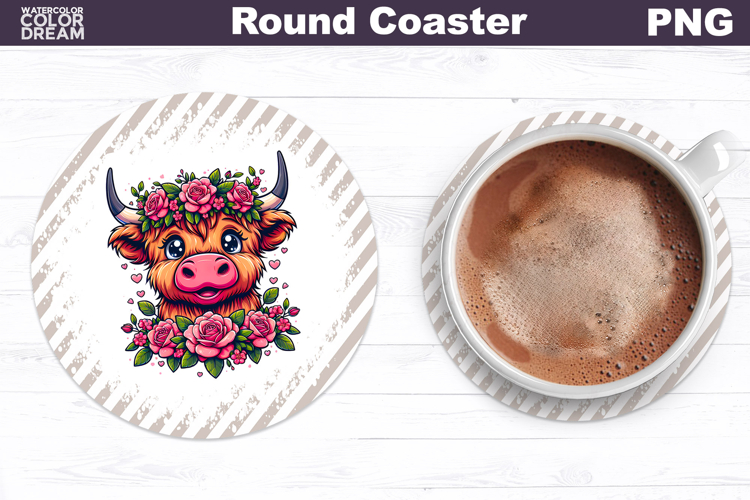 Highland Cow Floral Round Coaster | Cute Animal Flowers Coas