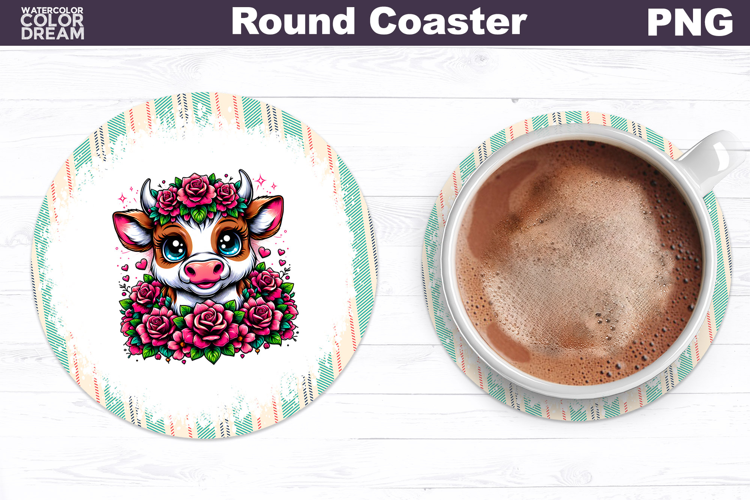 Cow Floral Round Coaster | Cute Animal Flowers Coas