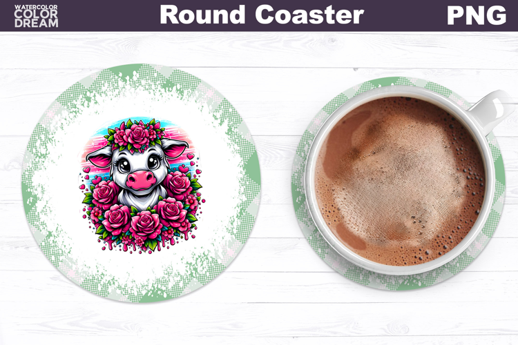 Cow Floral Round Coaster | Cute Animal Flowers Coas