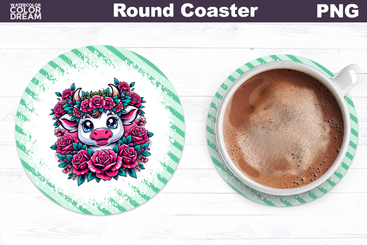 Cow Floral Round Coaster | Cute Animal Flowers Coas