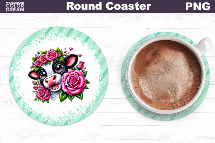 Cow Floral Round Coaster | Cute Animal Flowers Coas example image 1