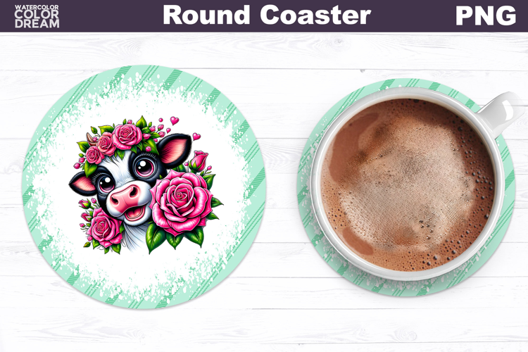 Cow Floral Round Coaster | Cute Animal Flowers Coas