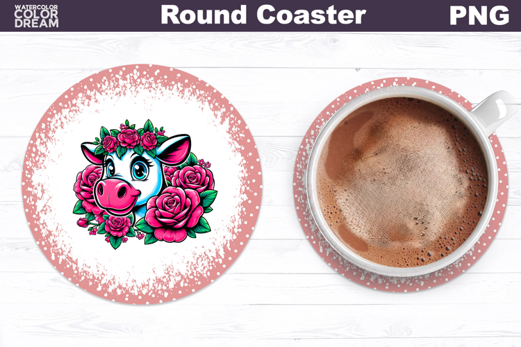 Cow Floral Round Coaster | Cute Animal Flowers Coas