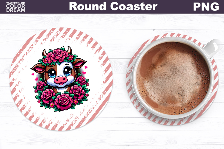 Cow Floral Round Coaster | Cute Animal Flowers Coas
