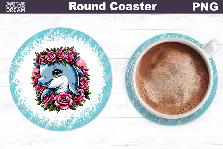 Dolphin Floral Round Coaster | Cute Animal Flowers Coaster example image 1