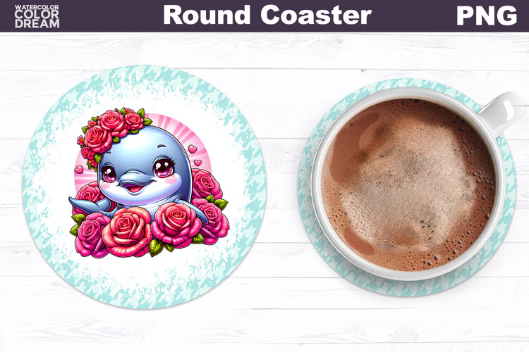 Dolphin Floral Round Coaster | Cute Animal Flowers Coaster example image 1