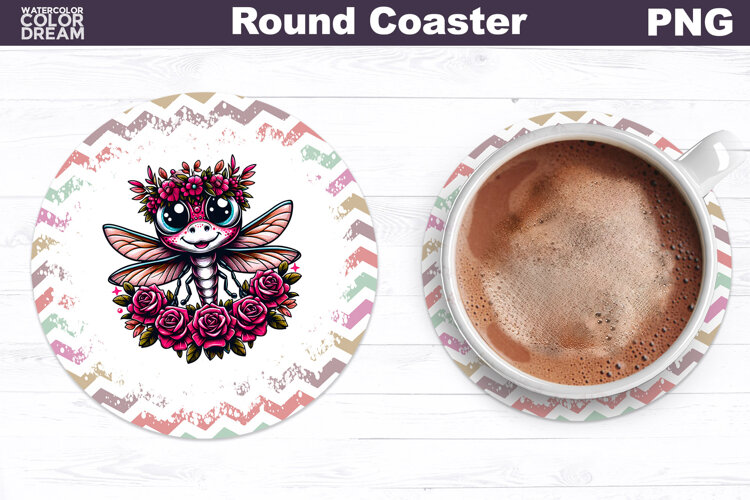 Dragonfly Floral Round Coaster | Cute Animal Flowers Coaster example image 1