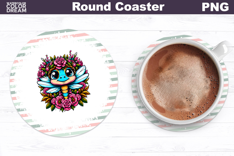 Dragonfly Floral Round Coaster | Cute Animal Flowers Coaster