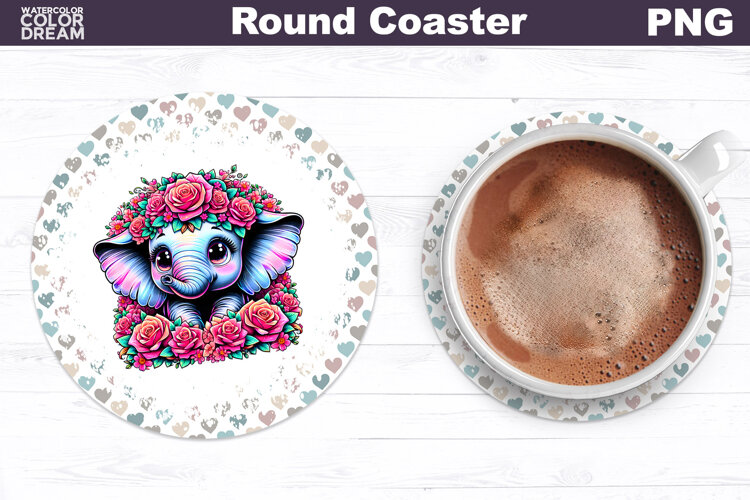 Elephant Floral Round Coaster | Cute Animal Flowers Coaster example image 1
