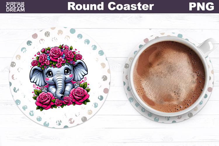 Elephant Floral Round Coaster | Cute Animal Flowers Coaster