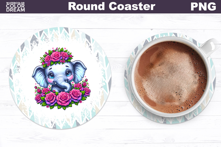 Elephant Floral Round Coaster | Cute Animal Flowers Coaster