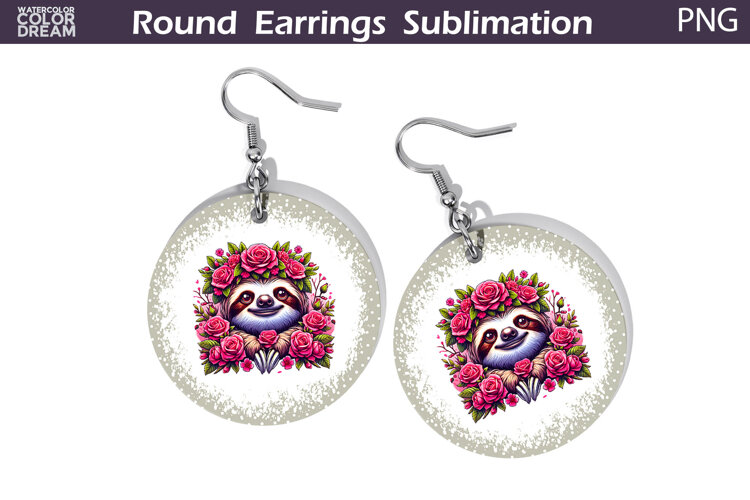 Sloth Floral Round Earrings | Animal Flowers Earrings example image 1