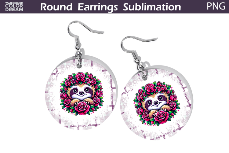 Sloth Floral Round Earrings | Animal Flowers Round Earrings