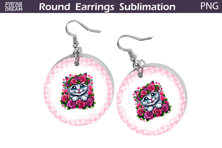 Cat Floral Round Earrings | Animal Flowers Earrings