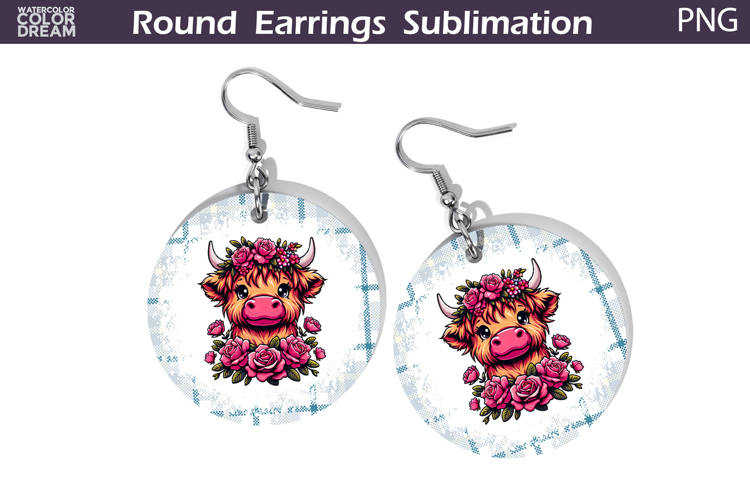 Highland Cow Floral Round Earrings | Animal Flowers Earrings