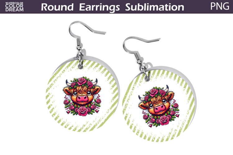 Highland Cow Floral Round Earrings | Animal Flowers Earrings