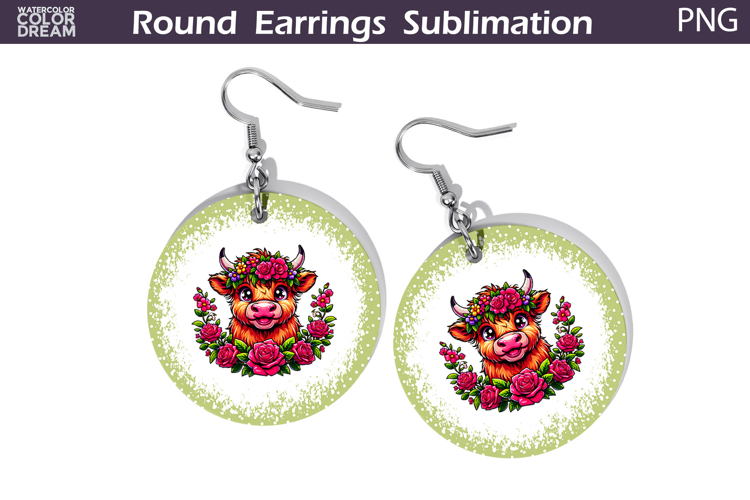 Highland Cow Floral Round Earrings | Animal Flowers Earrings