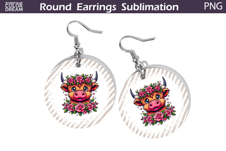 Highland Cow Floral Round Earrings | Animal Flowers Earrings