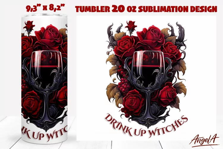 Gothic halloween tumbler wrap, witch quotes, wine, red roses