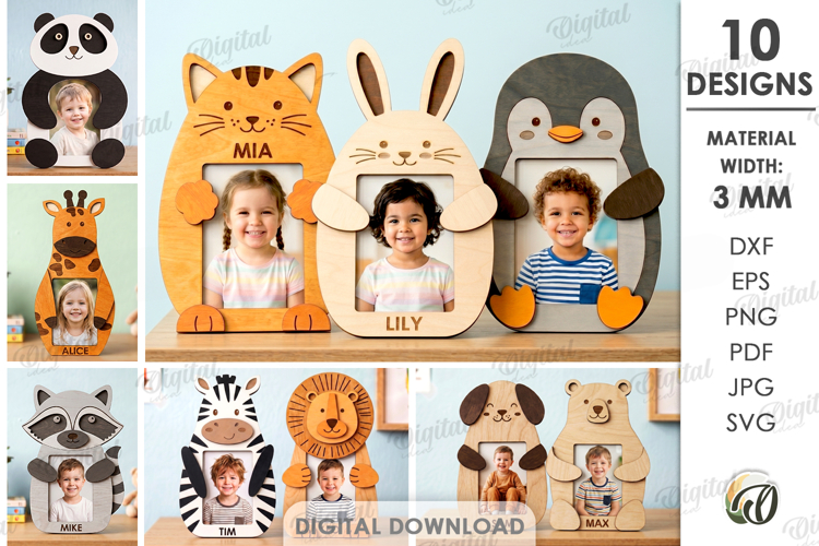 Hugging Animal Photo Frames Bundle Laser Cut. Kids SVG