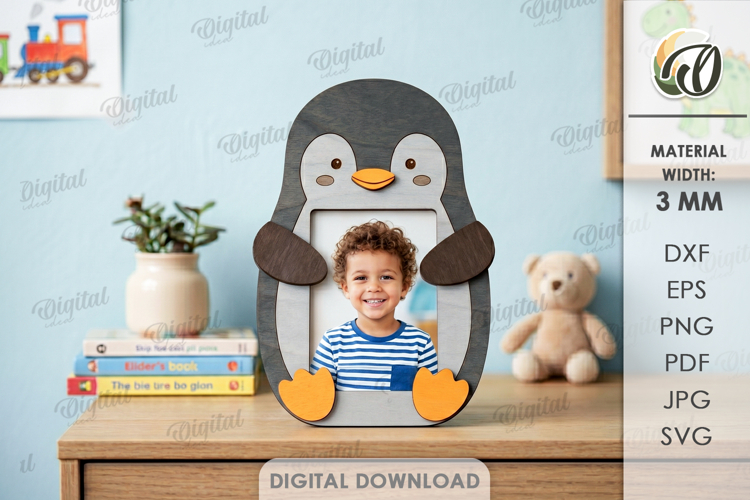 Penguin Hugs Photo Frame Laser Cut. Kids Picture Frame SVG
