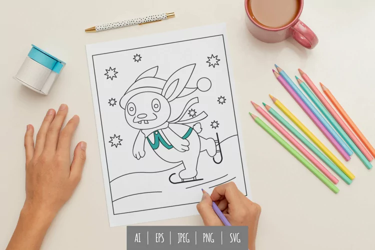 Funny Rabbit Ice Skating Coloring Page
