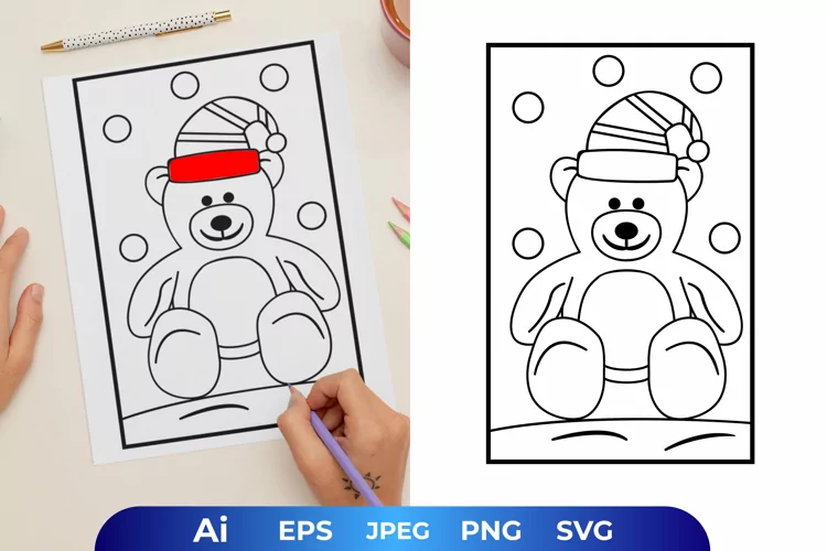 Winter Bear Wearing Santa Hat Coloring Page