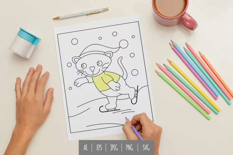 Cute Cat Ice Skating Coloring Page