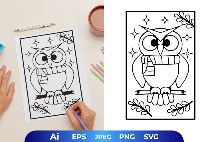 Owl in The Winter Wearing Shawl Coloring Page example image 1