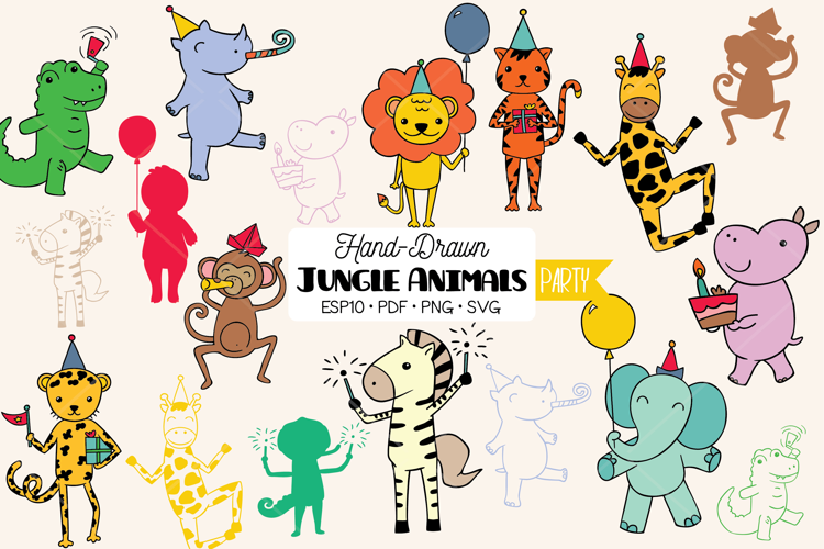 Colored Hand-Drawn Jungle Animals Birthday Characters