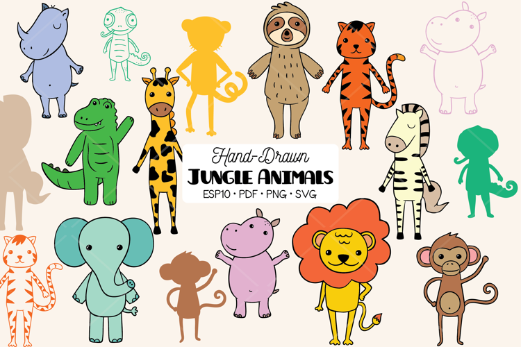 Colored Hand-Drawn Jungle Animals Characters