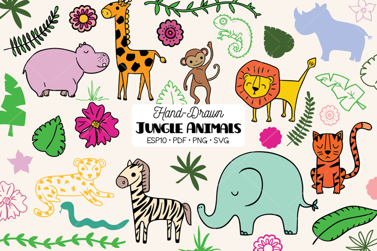 Colored Jungle Animals Doodles | Hand Drawn Tropical leaves