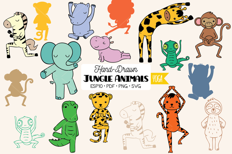 Colored Hand-Drawn Jungle Animals Characters |Yoga Exercise