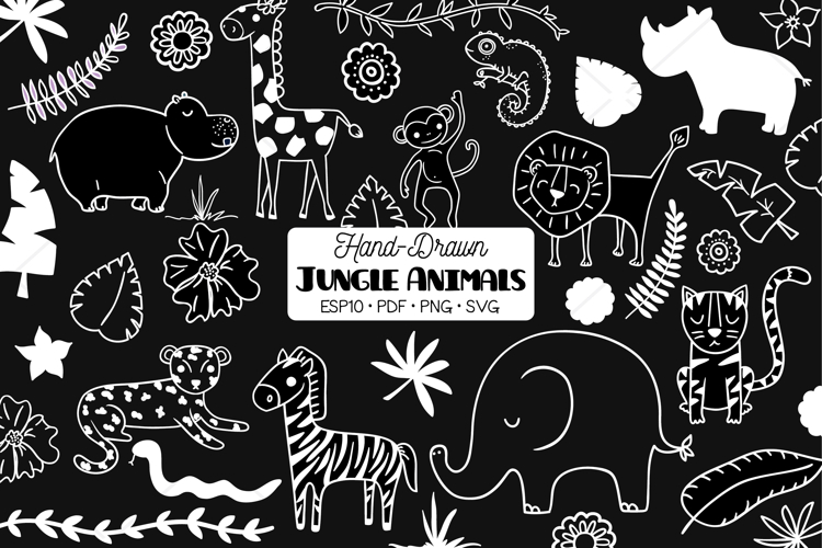 Jungle Animals Doodles | Hand Drawn Tropical leaves | White