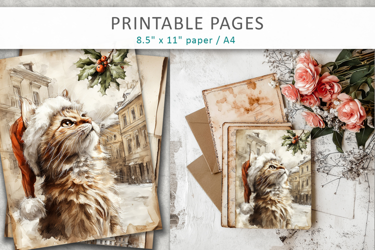 Christmas junk journal, cat old paper