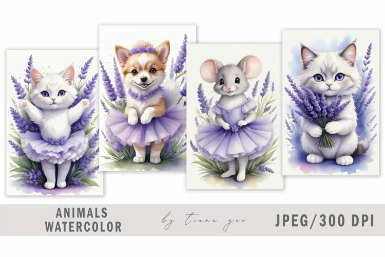 Watercolor animal with lavender bouquet illustration- 3 jpeg