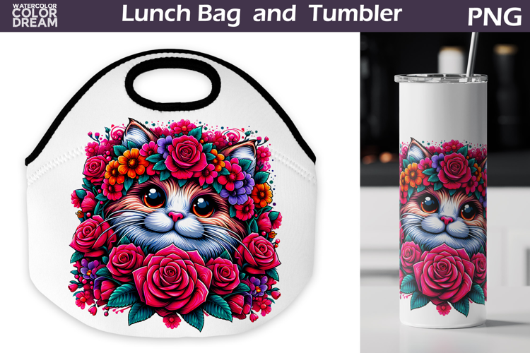 Cat Lunch Bag | Cat Flowers Tumbler Wrap