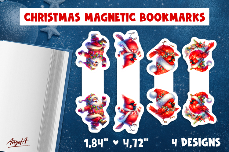 Christmas magnetic bookmarks Funny dancing Santa, cardinal