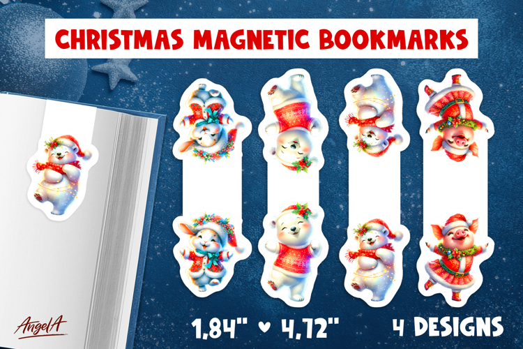 Christmas magnetic bookmarks Funny dancing polar bear, pig
