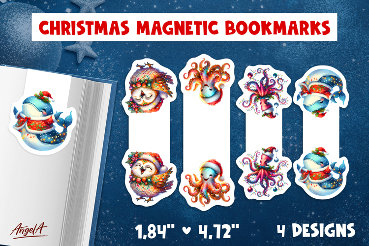 Christmas magnetic bookmarks Funny dancing owl, octopus PNG