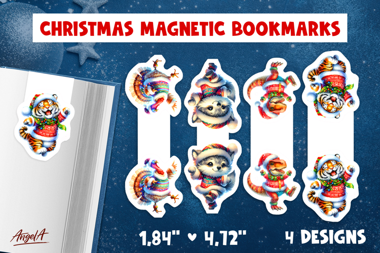 Christmas magnetic bookmarks Funny dancing tiger, turkey PNG