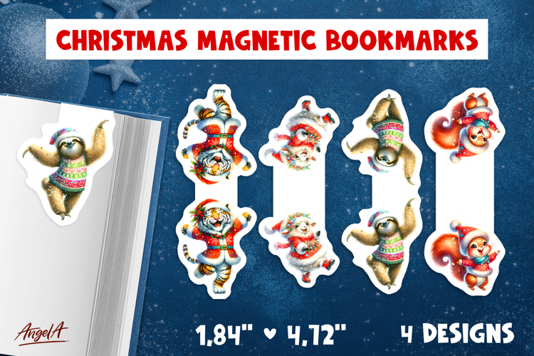 Christmas magnetic bookmarks Funny dancing sloth, tiger PNG